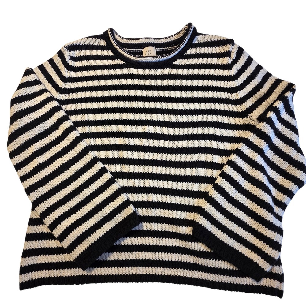 A New Day Striped Sweater Women S Black White Good Shaker Stitch Cotton Crewneck